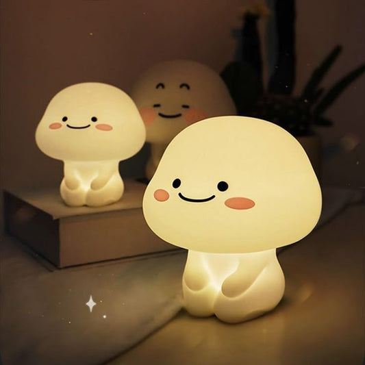 mushroom-shaped night lights with smiling faces