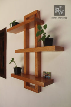 wooden wall shelf wirth three portions